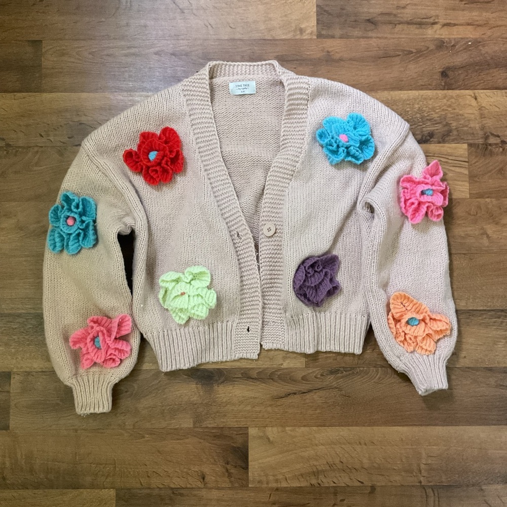 Chic Beige Cardigan with Colorful 3D Floral Accents